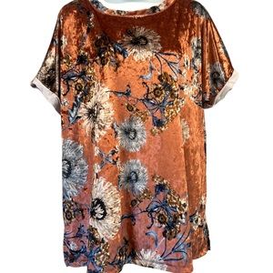 WISHLIST Brand Women’s Crushed Velvet Peach Floral Cuffed Short Sleeve Size S